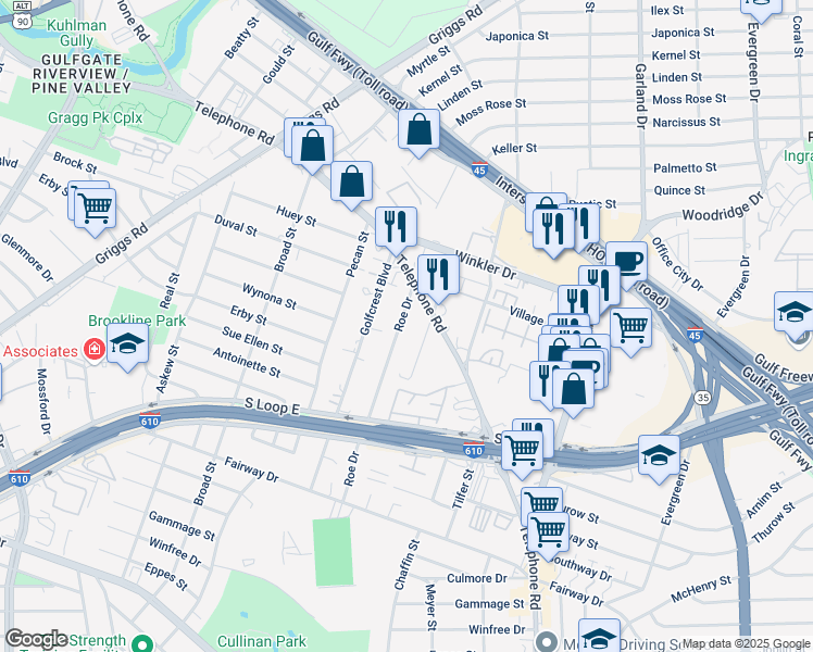 map of restaurants, bars, coffee shops, grocery stores, and more near 3023 Roe Drive in Houston