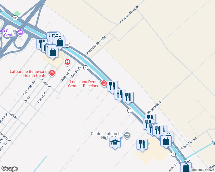 map of restaurants, bars, coffee shops, grocery stores, and more near 4701 Louisiana 1 in Raceland