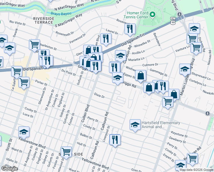 map of restaurants, bars, coffee shops, grocery stores, and more near 4518 Willowbrook Boulevard in Houston