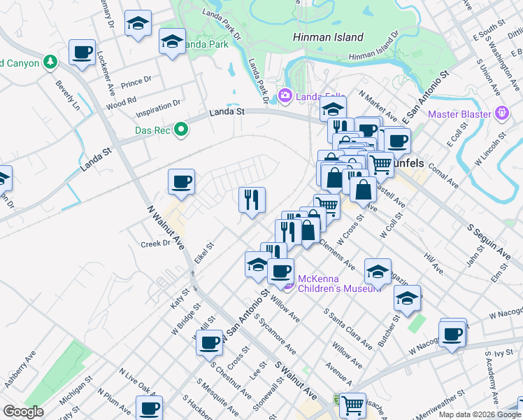 map of restaurants, bars, coffee shops, grocery stores, and more near 474 North Guenther Avenue in New Braunfels