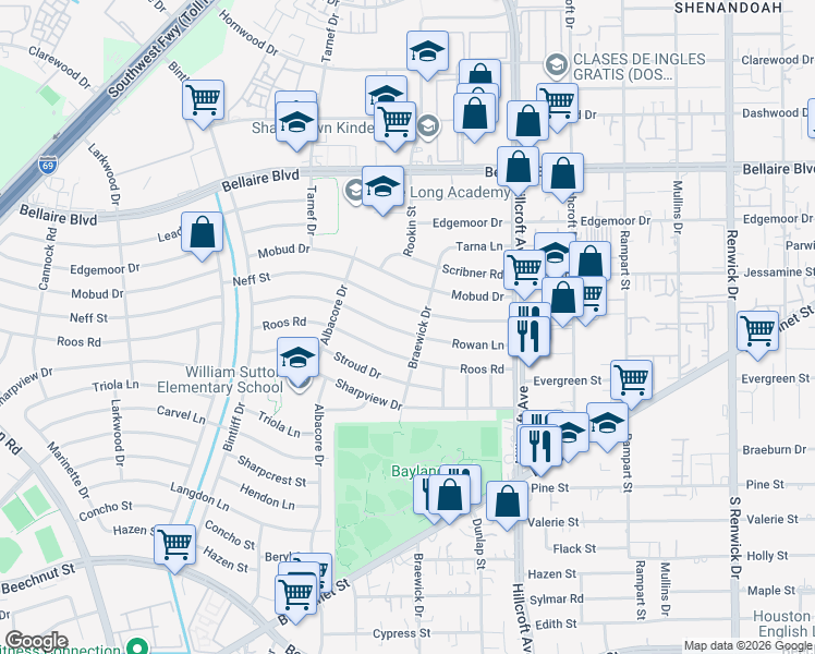 map of restaurants, bars, coffee shops, grocery stores, and more near 6510 Rowan Lane in Houston