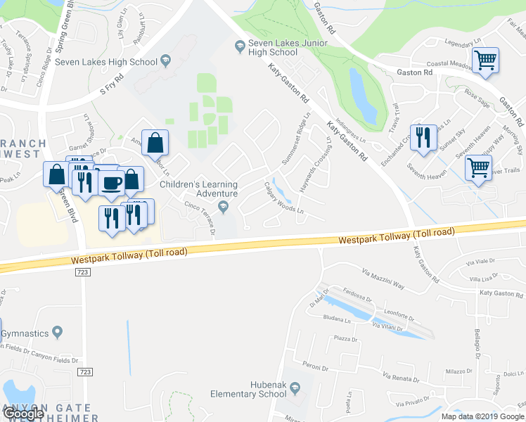 map of restaurants, bars, coffee shops, grocery stores, and more near 24527 Foxberry Glen Lane in Katy