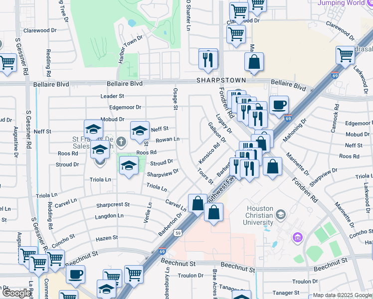 map of restaurants, bars, coffee shops, grocery stores, and more near 7214 Tours Street in Houston