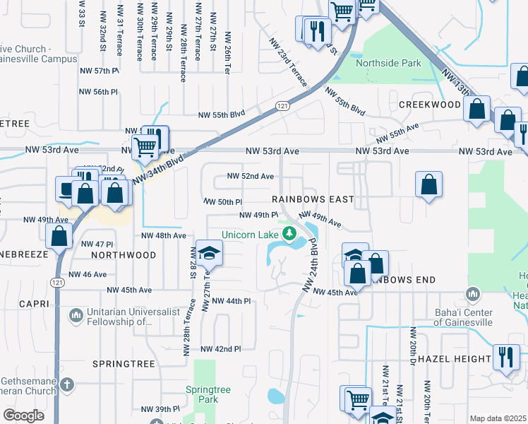 map of restaurants, bars, coffee shops, grocery stores, and more near 2526 Northwest 49th Place in Gainesville