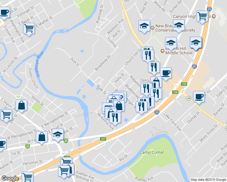 map of restaurants, bars, coffee shops, grocery stores, and more near 757 Porter St in New Braunfels