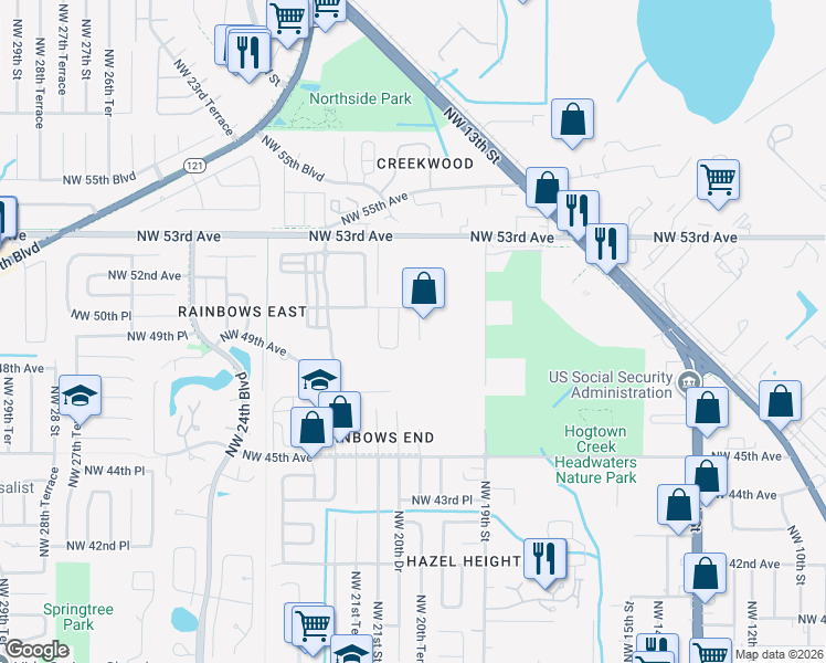 map of restaurants, bars, coffee shops, grocery stores, and more near 4932 Northwest 20th Terrace in Gainesville