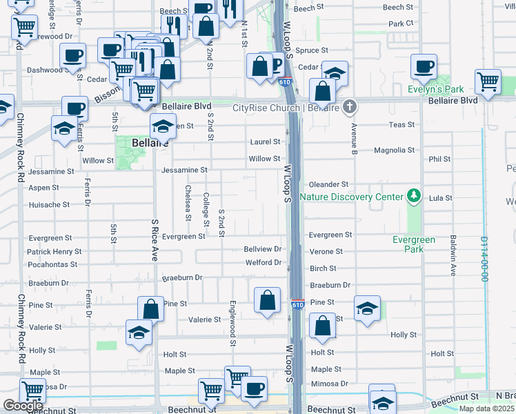 map of restaurants, bars, coffee shops, grocery stores, and more near 534 Wisteria Street in Bellaire