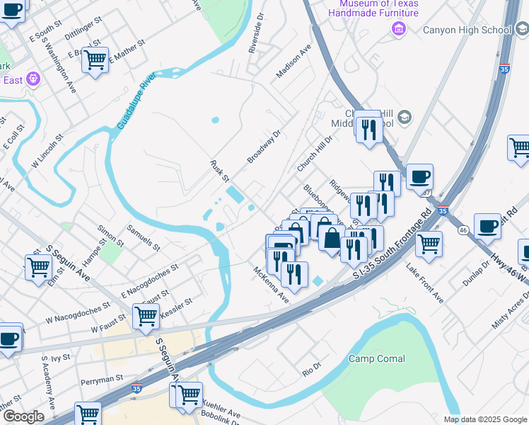 map of restaurants, bars, coffee shops, grocery stores, and more near 602 Rusk Street in New Braunfels