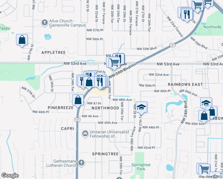 map of restaurants, bars, coffee shops, grocery stores, and more near 4914 Northwest 30th Terrace in Gainesville