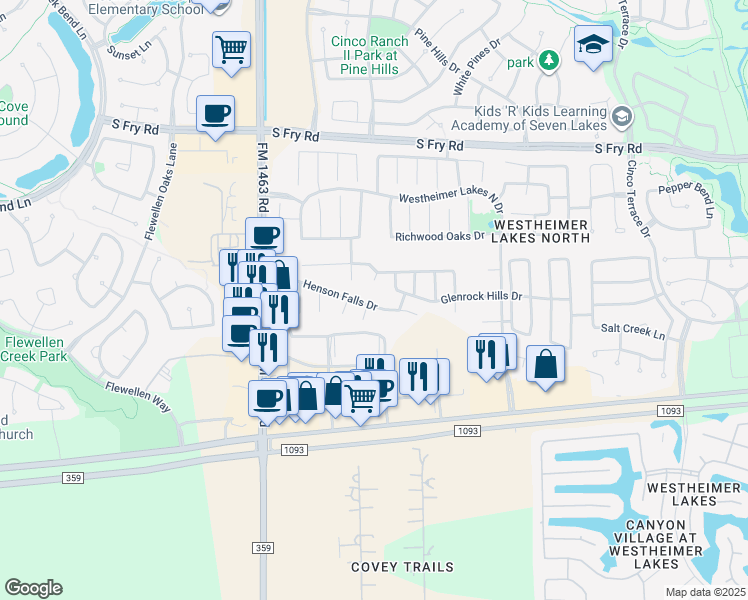 map of restaurants, bars, coffee shops, grocery stores, and more near 26746 Henson Falls Drive in Katy