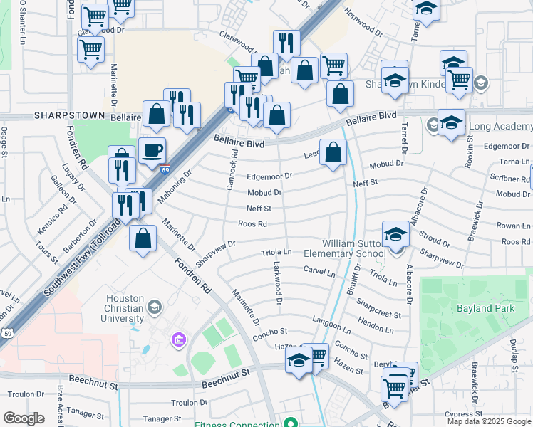 map of restaurants, bars, coffee shops, grocery stores, and more near 7119 Neff Street in Houston