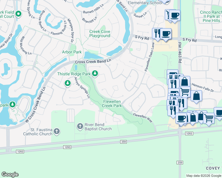 map of restaurants, bars, coffee shops, grocery stores, and more near 27650 Maverick Run Lane in Fulshear
