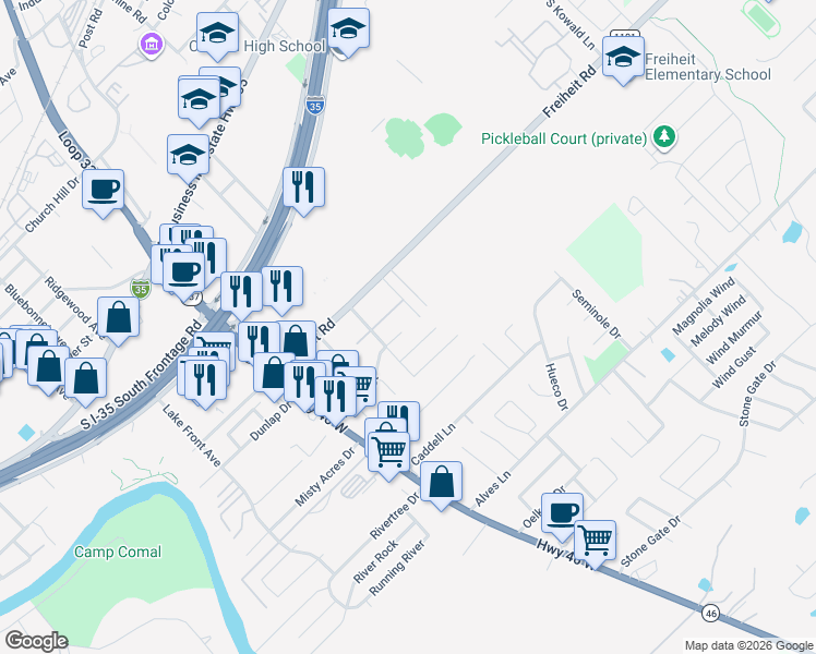 map of restaurants, bars, coffee shops, grocery stores, and more near 1367 Bartels Street in New Braunfels