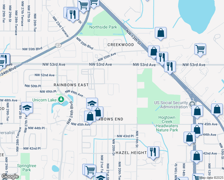 map of restaurants, bars, coffee shops, grocery stores, and more near 4928 Northwest 21st Street in Gainesville