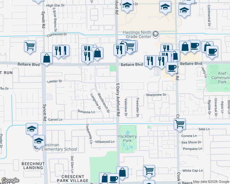 map of restaurants, bars, coffee shops, grocery stores, and more near 7118 South Dairy Ashford Road in Houston
