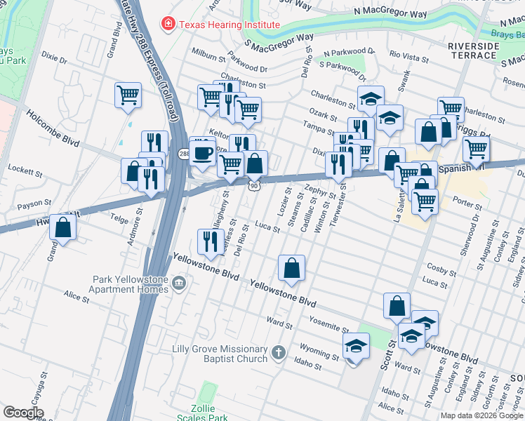 map of restaurants, bars, coffee shops, grocery stores, and more near 6633 Del Rio Street in Houston