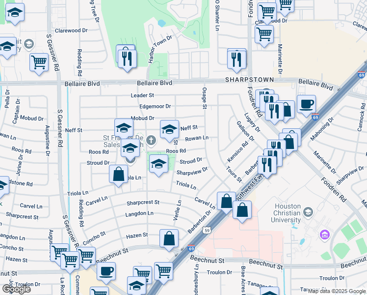 map of restaurants, bars, coffee shops, grocery stores, and more near 8018 Roos Road in Houston