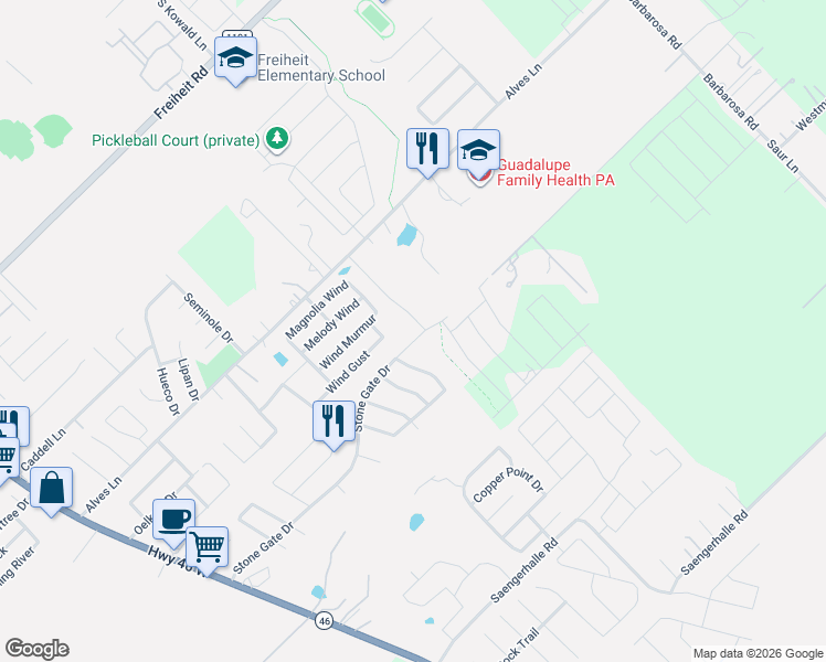map of restaurants, bars, coffee shops, grocery stores, and more near 523 Stone Gate Drive in New Braunfels