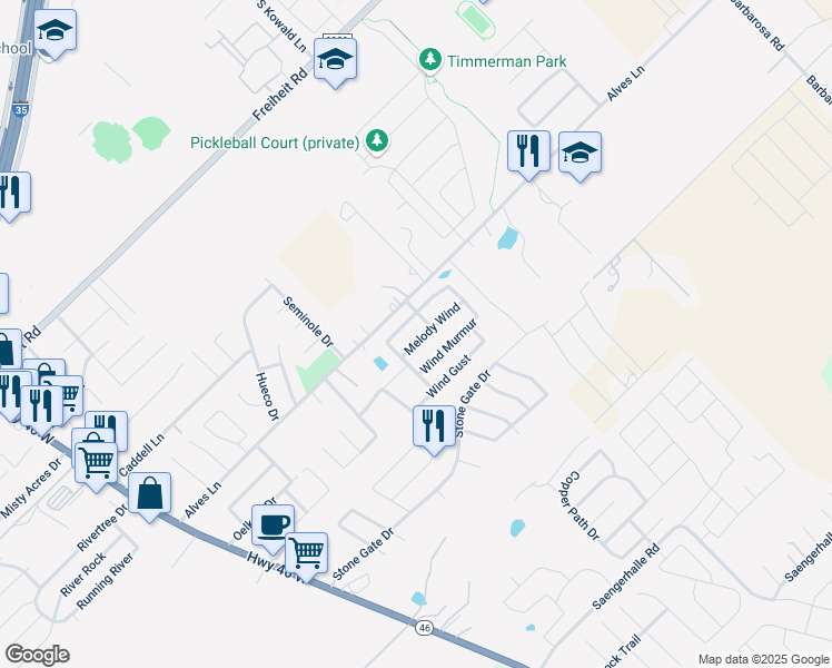 map of restaurants, bars, coffee shops, grocery stores, and more near 489 Melody Wind in New Braunfels