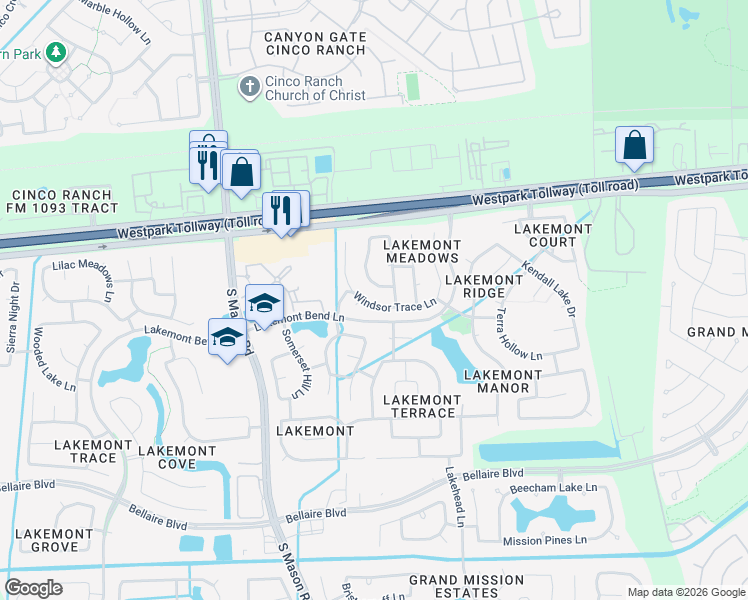 map of restaurants, bars, coffee shops, grocery stores, and more near 20202 Windsor Trace Lane in Richmond