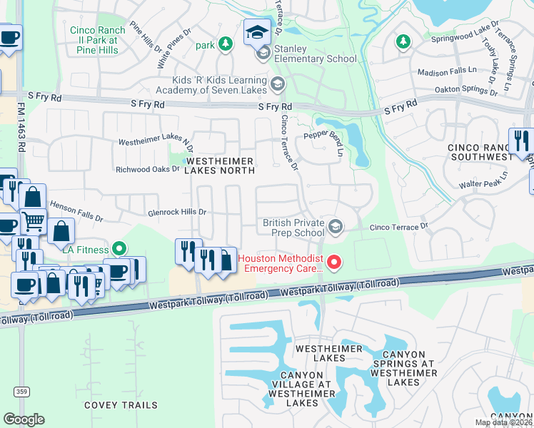 map of restaurants, bars, coffee shops, grocery stores, and more near 26218 Ginger Gables Lane in Katy