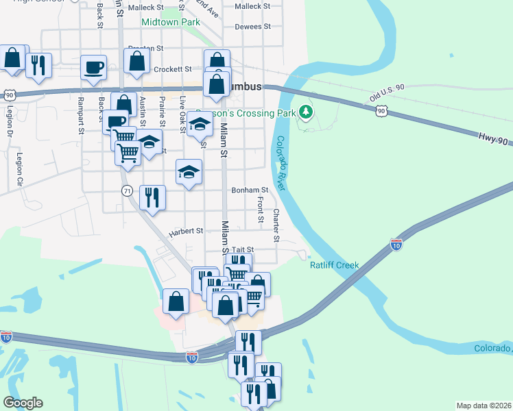 map of restaurants, bars, coffee shops, grocery stores, and more near 1636 Front Street in Columbus