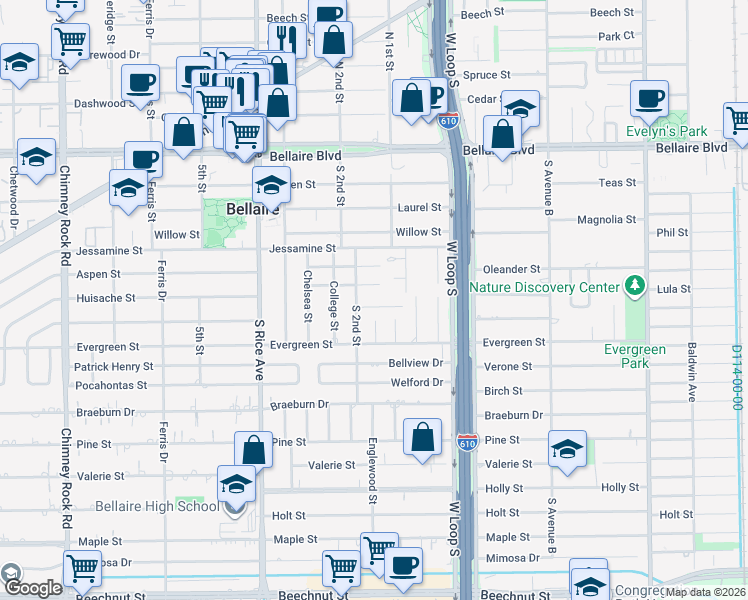 map of restaurants, bars, coffee shops, grocery stores, and more near 4812 Palm Street in Bellaire