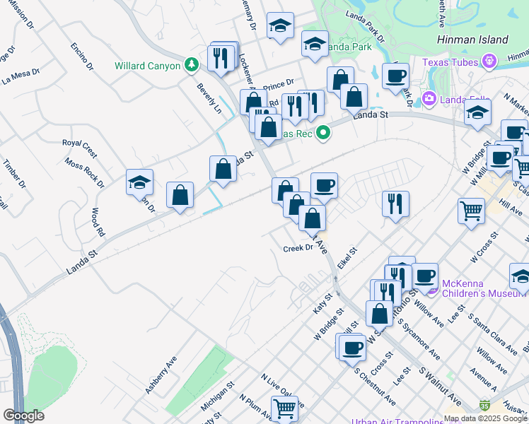 map of restaurants, bars, coffee shops, grocery stores, and more near 614 Bavarian Drive in New Braunfels