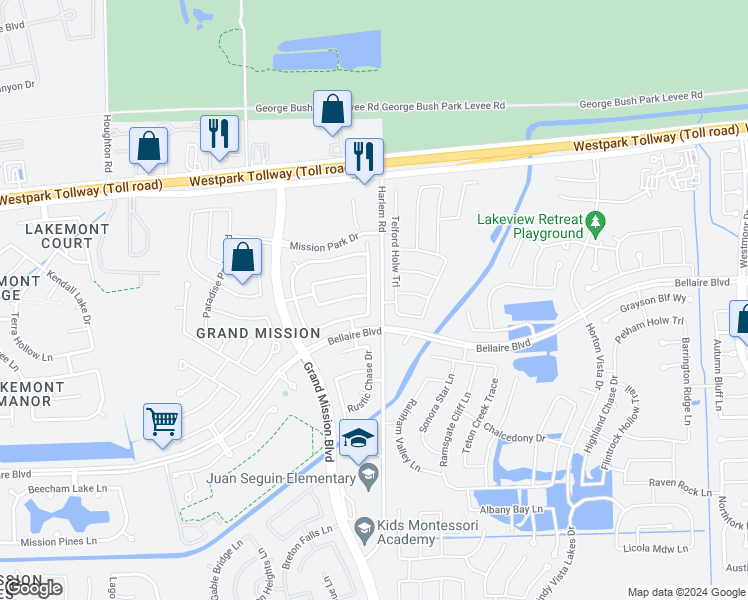 map of restaurants, bars, coffee shops, grocery stores, and more near 7219 Desert Bluff Lane in Richmond
