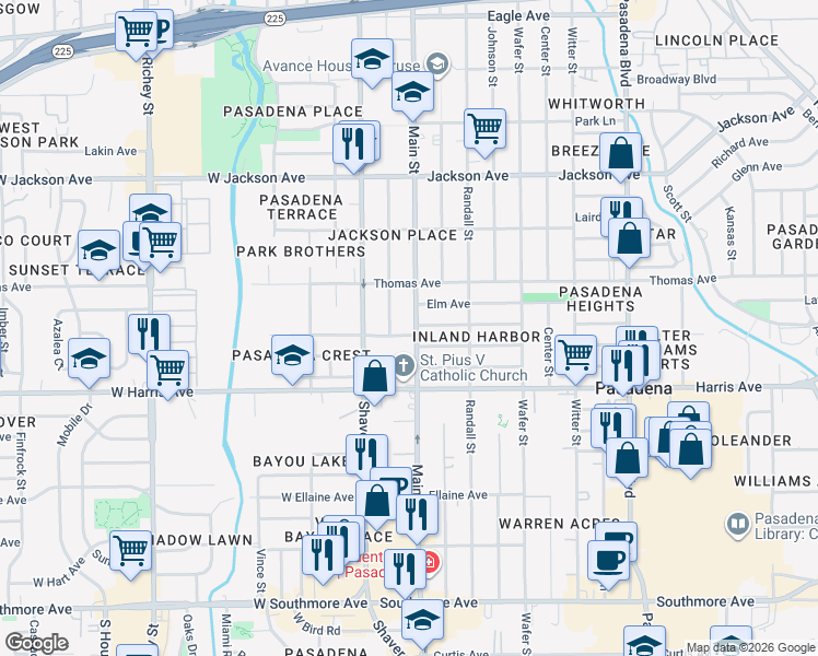 map of restaurants, bars, coffee shops, grocery stores, and more near 724 Main Street in Pasadena