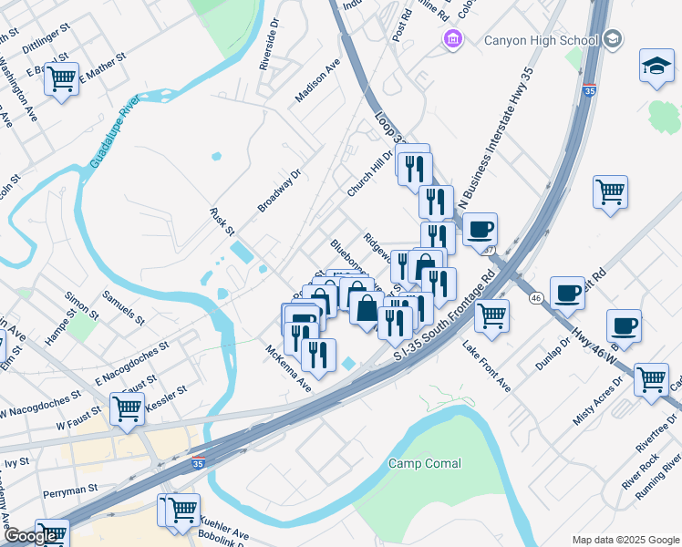 map of restaurants, bars, coffee shops, grocery stores, and more near 839 Oasis Street in New Braunfels