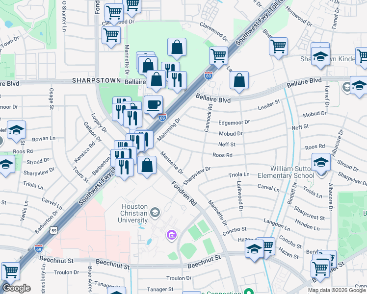 map of restaurants, bars, coffee shops, grocery stores, and more near 7302 Guildford Road in Houston