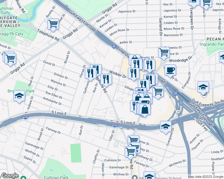 map of restaurants, bars, coffee shops, grocery stores, and more near 2930 Plum Creek Lane in Houston