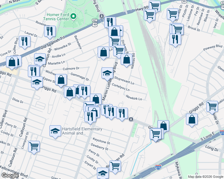 map of restaurants, bars, coffee shops, grocery stores, and more near 5106 Oasis Park Lane in Houston