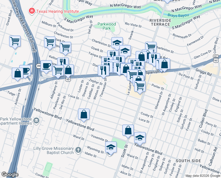 map of restaurants, bars, coffee shops, grocery stores, and more near 3622 Zephyr Street in Houston