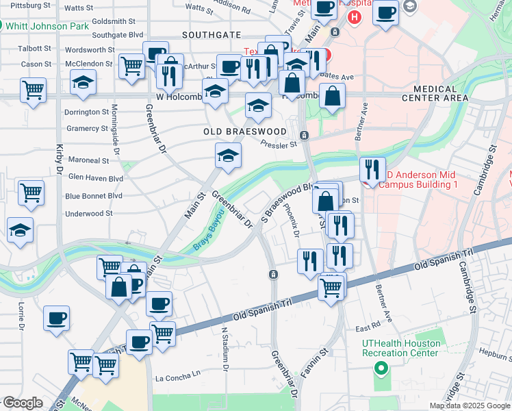 map of restaurants, bars, coffee shops, grocery stores, and more near 7777 Greenbriar Drive in Houston