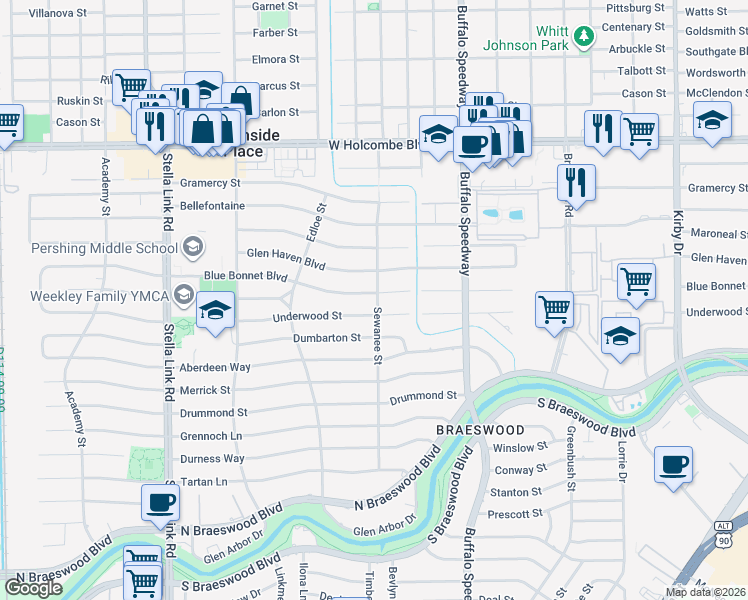 map of restaurants, bars, coffee shops, grocery stores, and more near 3606 Underwood Street in Houston