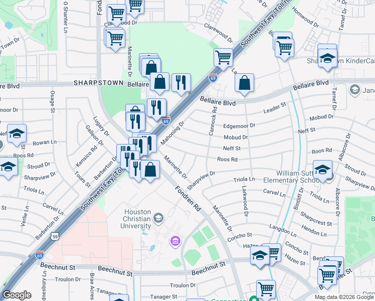 map of restaurants, bars, coffee shops, grocery stores, and more near 7302 Guildford Road in Houston