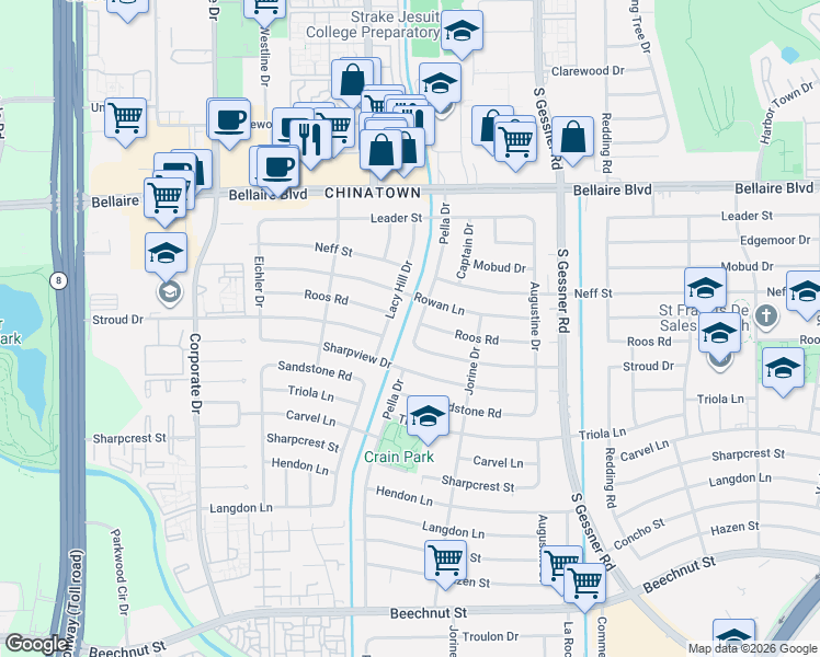 map of restaurants, bars, coffee shops, grocery stores, and more near 7226 Pella Drive in Houston