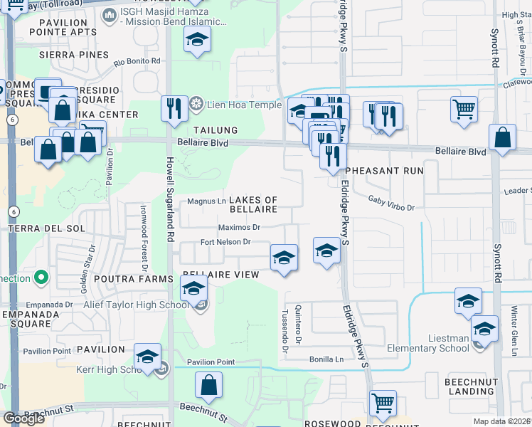 map of restaurants, bars, coffee shops, grocery stores, and more near 13807 Audra Lane in Houston