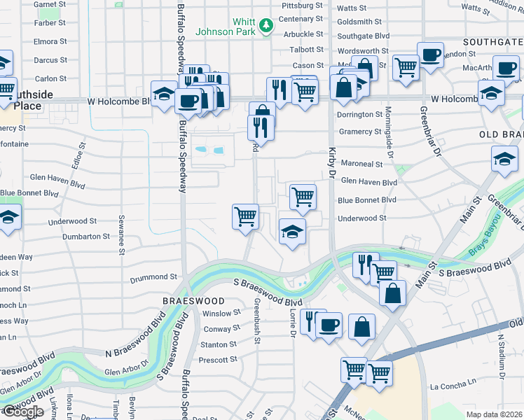 map of restaurants, bars, coffee shops, grocery stores, and more near 7527 Brompton Road in Houston