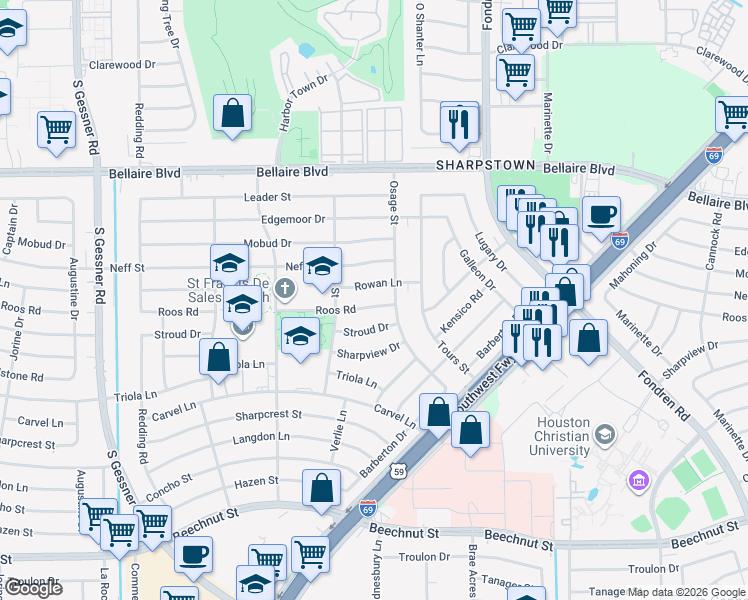 map of restaurants, bars, coffee shops, grocery stores, and more near 7914 Roos Road in Houston