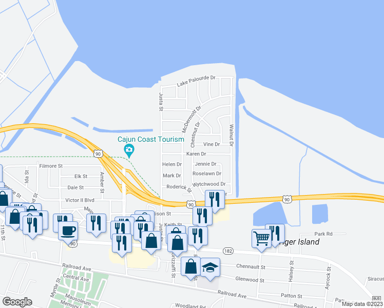 map of restaurants, bars, coffee shops, grocery stores, and more near 1199 Chestnut Drive in Morgan City