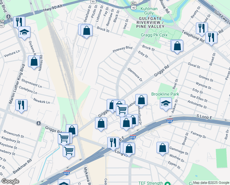 map of restaurants, bars, coffee shops, grocery stores, and more near 3631 Trailwood Drive in Houston