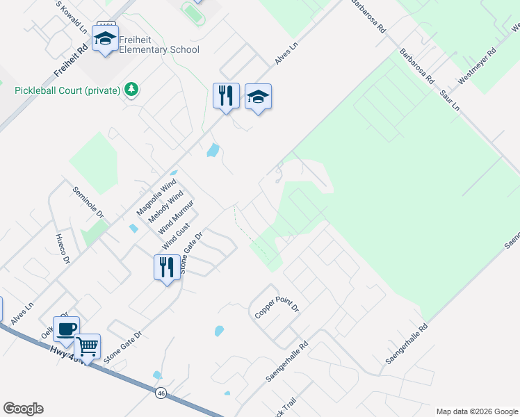 map of restaurants, bars, coffee shops, grocery stores, and more near 998 Three Mile Creek in New Braunfels