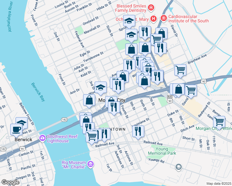 map of restaurants, bars, coffee shops, grocery stores, and more near 601 Brashear Avenue in Morgan City