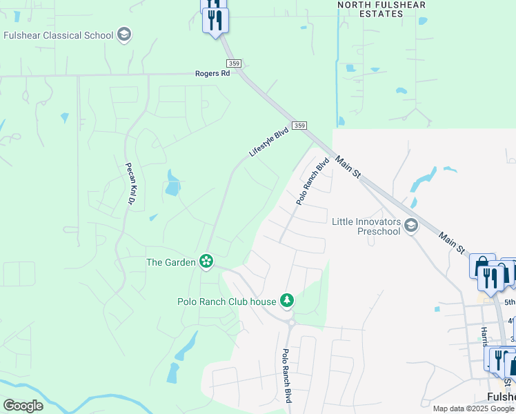 map of restaurants, bars, coffee shops, grocery stores, and more near 7733 Lifestyle Boulevard in Fulshear