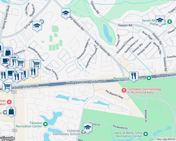 map of restaurants, bars, coffee shops, grocery stores, and more near 6415 Calgary Woods Lane in Katy