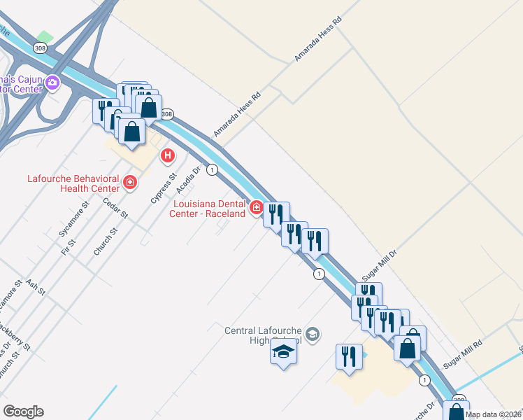 map of restaurants, bars, coffee shops, grocery stores, and more near 4701 Louisiana 1 in Raceland