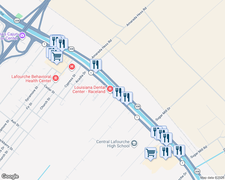 map of restaurants, bars, coffee shops, grocery stores, and more near 4701 Louisiana 1 in Raceland